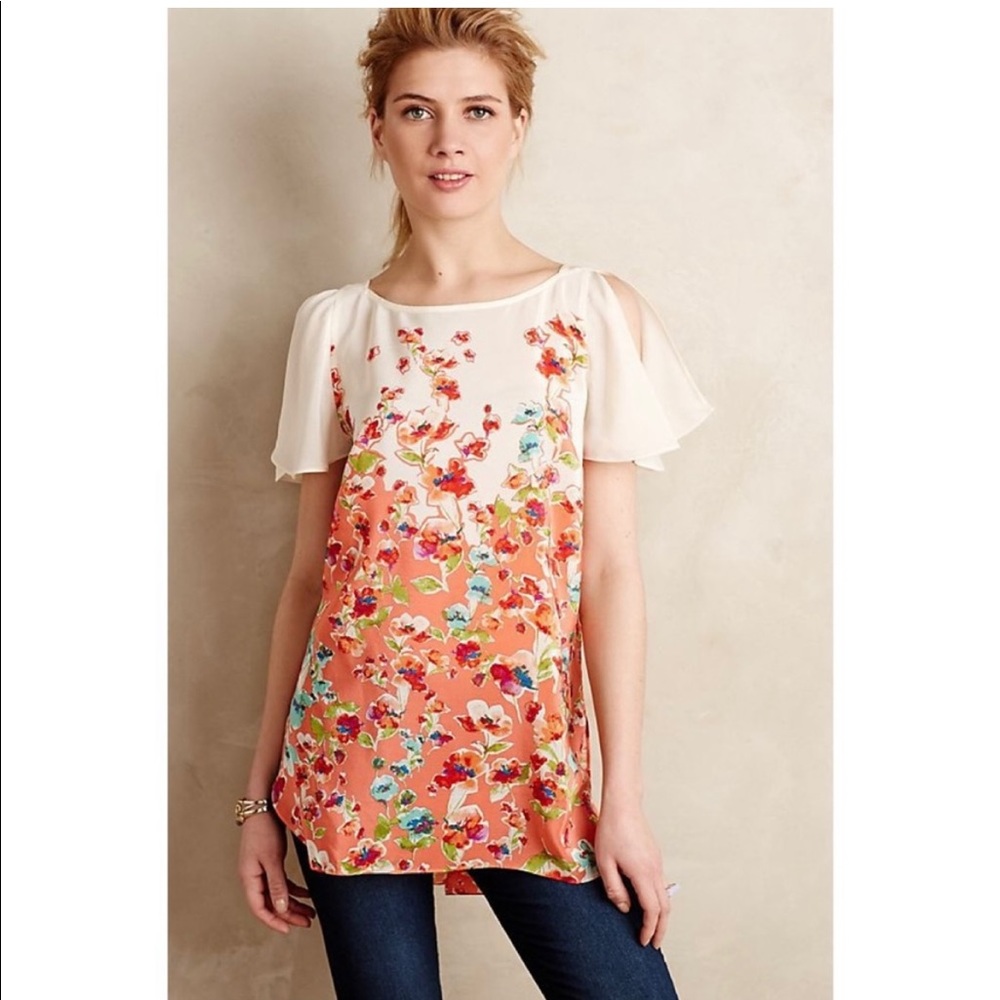 NWT Anthropologie Maeve Ludovica Coral Silk Floral Tunic Top - M